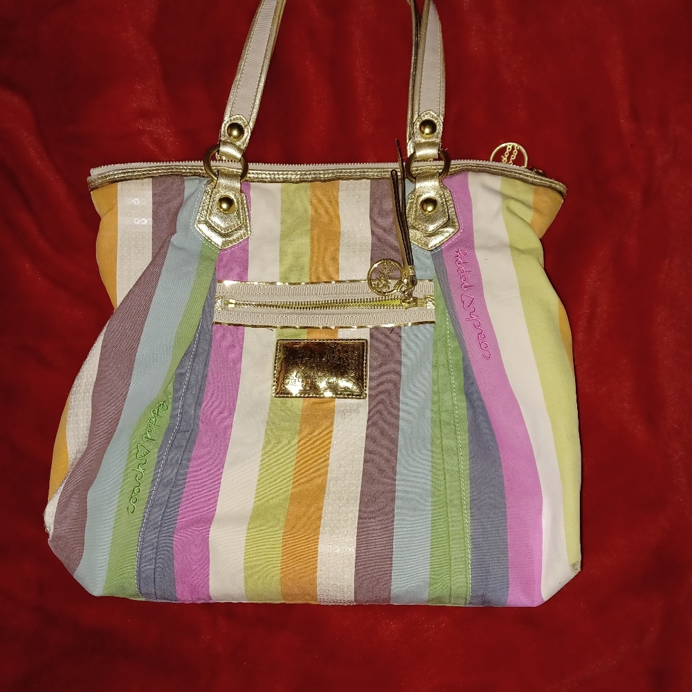 COACH  POPPY BAG , GOLD LEATHER TRIM, STRIPED FABRIC GENTLY USED  "As Is"